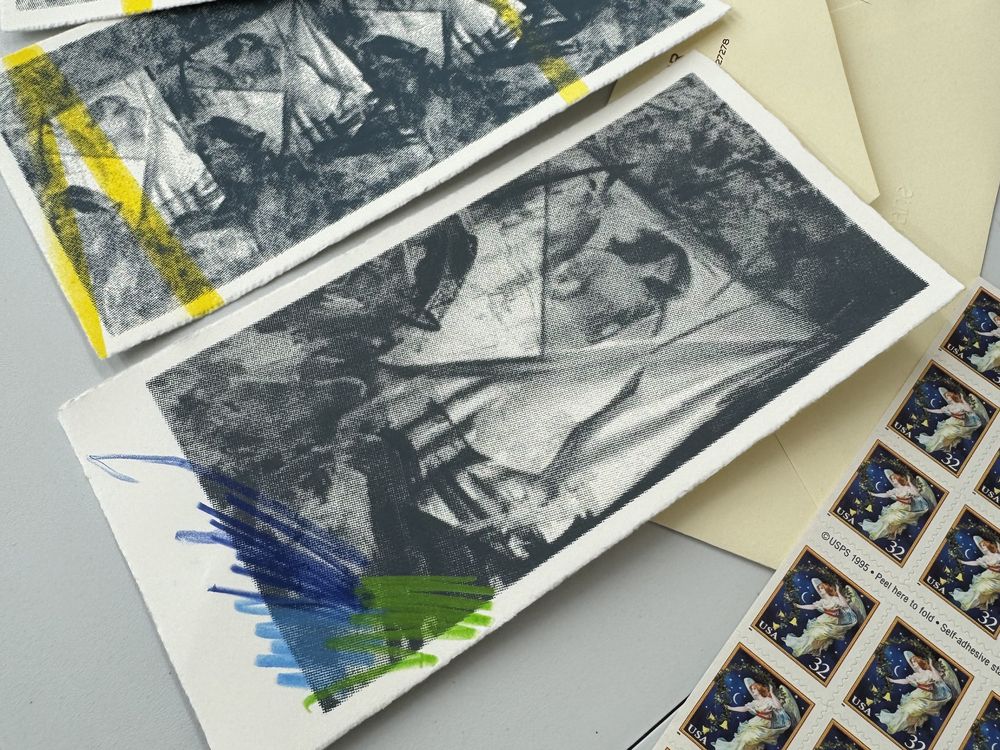 Signed, hand-finished prints from Damian Stamer's Angels & Ghosts series, with envelopes and angel stamps, ready to mail.